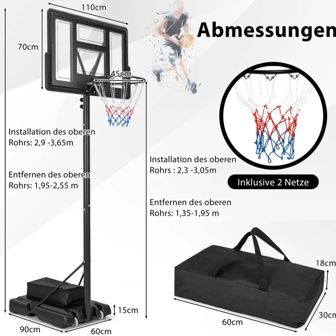 Outdoor Basketballkorb mit Ständer & Netze 135-305 cm Höhenverstellbarer Basketballständer