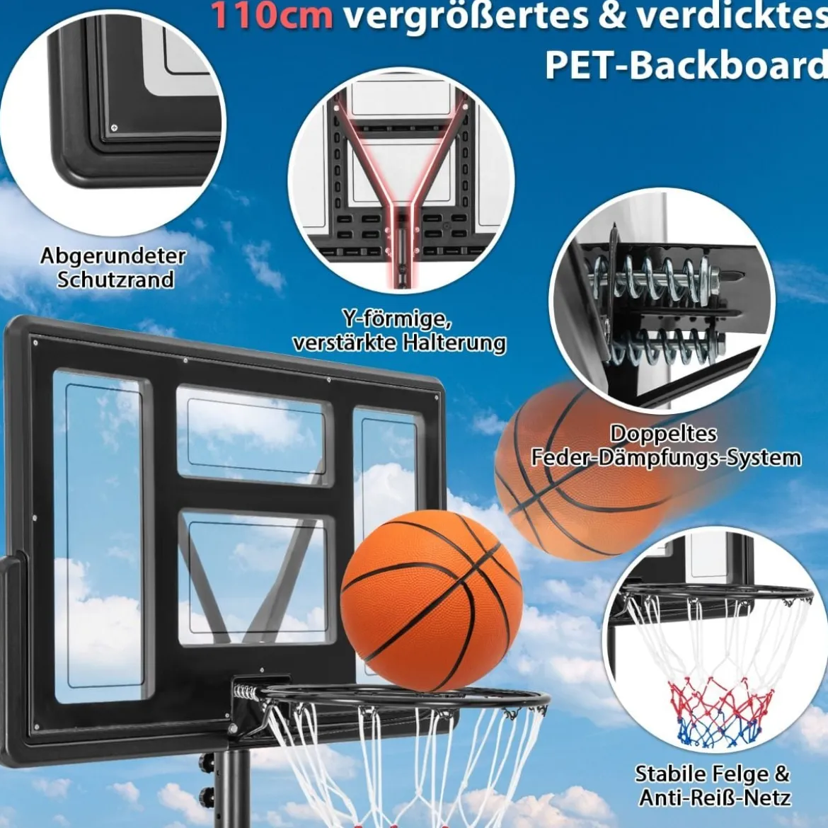 Outdoor Basketballkorb mit Ständer & Netze 135-305 cm Höhenverstellbarer Basketballständer