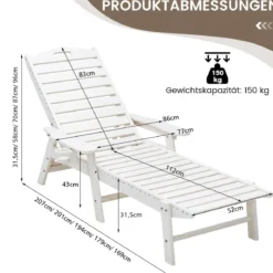 Outdoor Chaise Lounge Chair Terrasse HDPE Liegestuhl Rückenlehne Verstellbarer Weiß