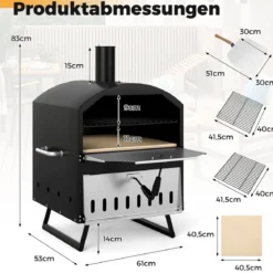 Outdoor 40 cm Holzofen Pizzaofen 2-Schichten Pizza-Maker mit quadratischem Stein Pizzaschaufel Grillrosten Schwarz