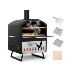 Outdoor 40 cm Holzofen Pizzaofen 2-Schichten Pizza-Maker mit quadratischem Stein Pizzaschaufel Grillrosten Schwarz