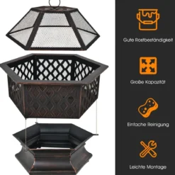 Outdoor-Feuerstelle hexagonale Feuerstelle holzbefeuerte Feuerschale 66 x 57,5 x 59 cm Schwarz