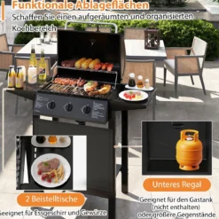 Outdoor Gasgrill mit 3 Heizzonen Tragbare Grillwagen mit Deckel Edelstahlrosten & Seitentischen