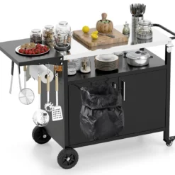 Outdoor Grillwagenmit Edelstahlplatte & Klappbarem Seitentisch & Schrank Grilltisch