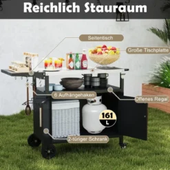 Outdoor Grillwagenmit Edelstahlplatte & Klappbarem Seitentisch & Schrank Grilltisch
