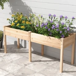 Outdoor Hochbeet mit Beinen 185 x 58 x 77 cm Holz Pflanzkasten mit Trennwand Natur