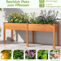 Outdoor Hochbeet mit Beinen 185 x 58 x 77 cm Holz Pflanzkasten mit Trennwand Gelb