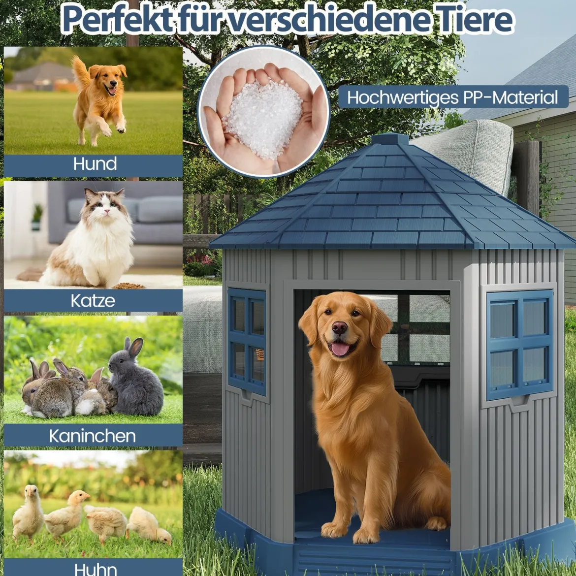 Outdoor Hundehütte aus PP Winterfestes Hundehaus mit Großer Eingang Katzenhaus
