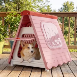 Outdoor Hundehütte mit Belüftete Fenster Klappbares Hundehaus aus Kunststoff Hundehöhle Rosa
