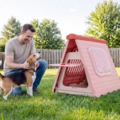 Outdoor Hundehütte mit Belüftete Fenster Klappbares Hundehaus aus Kunststoff Hundehöhle Rosa