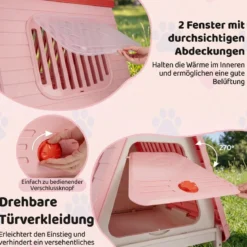 Outdoor Hundehütte mit Belüftete Fenster Klappbares Hundehaus aus Kunststoff Hundehöhle Rosa