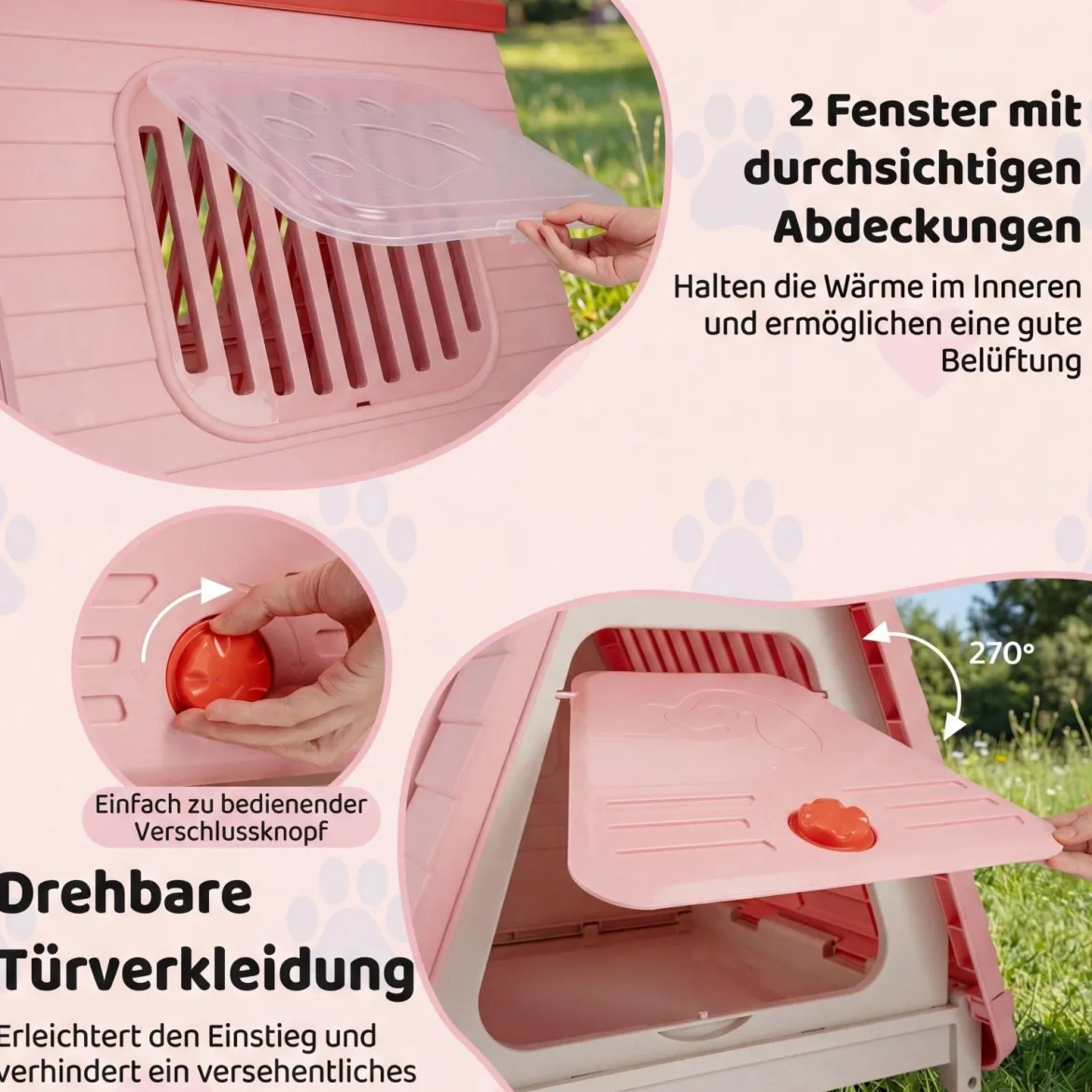 Outdoor Hundehütte mit Belüftete Fenster Klappbares Hundehaus aus Kunststoff Hundehöhle Rosa