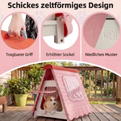 Outdoor Hundehütte mit Belüftete Fenster Klappbares Hundehaus aus Kunststoff Hundehöhle Rosa