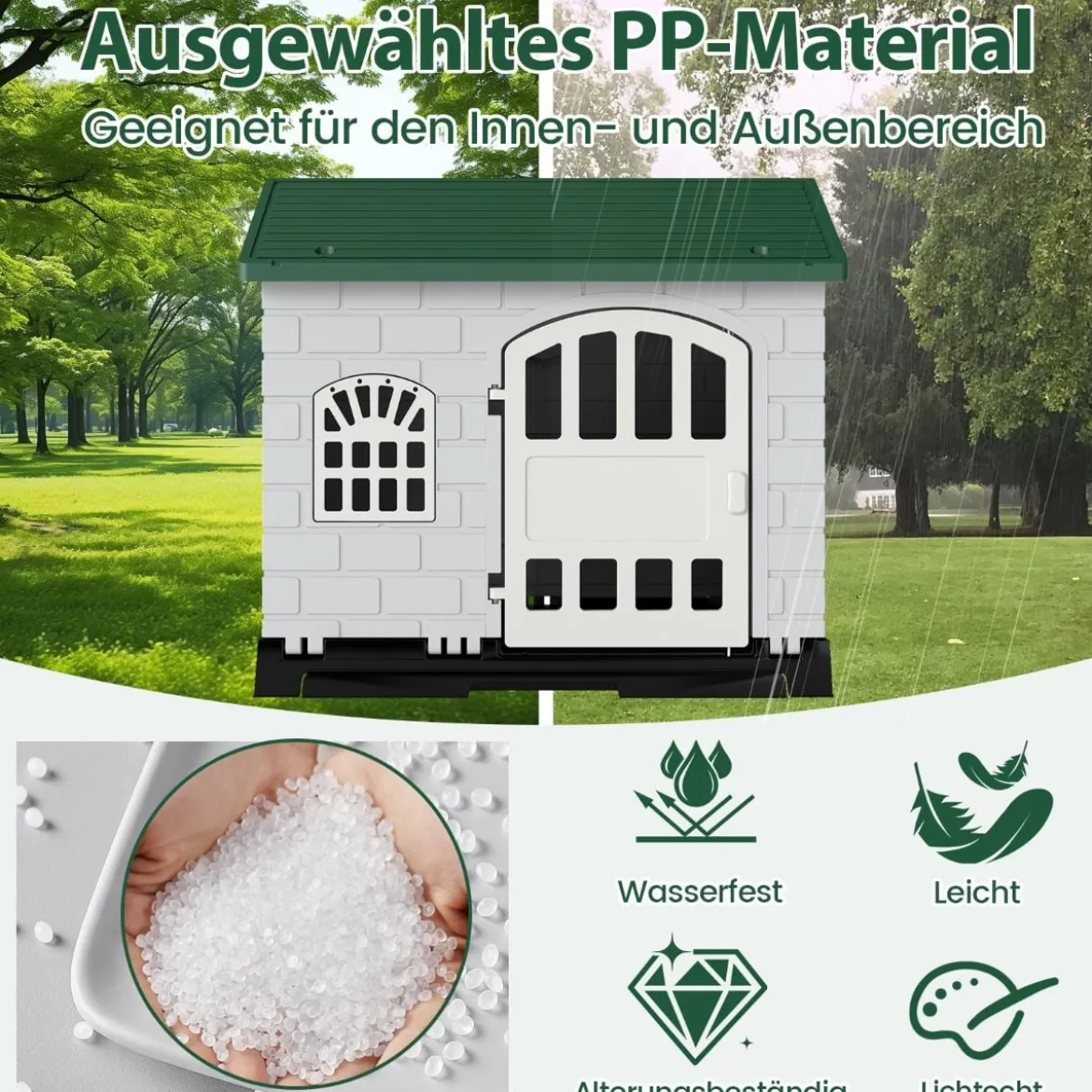 Outdoor Hundehütte mit Tür & 3 Fenstern & Ausnehmbarem Boden & Hundehaus Hundekäfig Grün