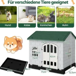 Outdoor Hundehütte mit Tür & 3 Fenstern & Ausnehmbarem Boden & Hundehaus Hundekäfig Grün