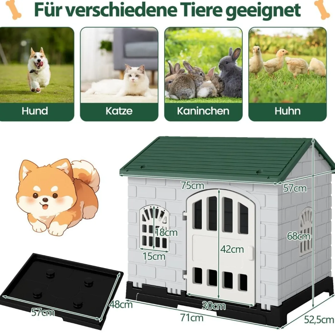 Outdoor Hundehütte mit Tür & 3 Fenstern & Ausnehmbarem Boden & Hundehaus Hundekäfig Grün