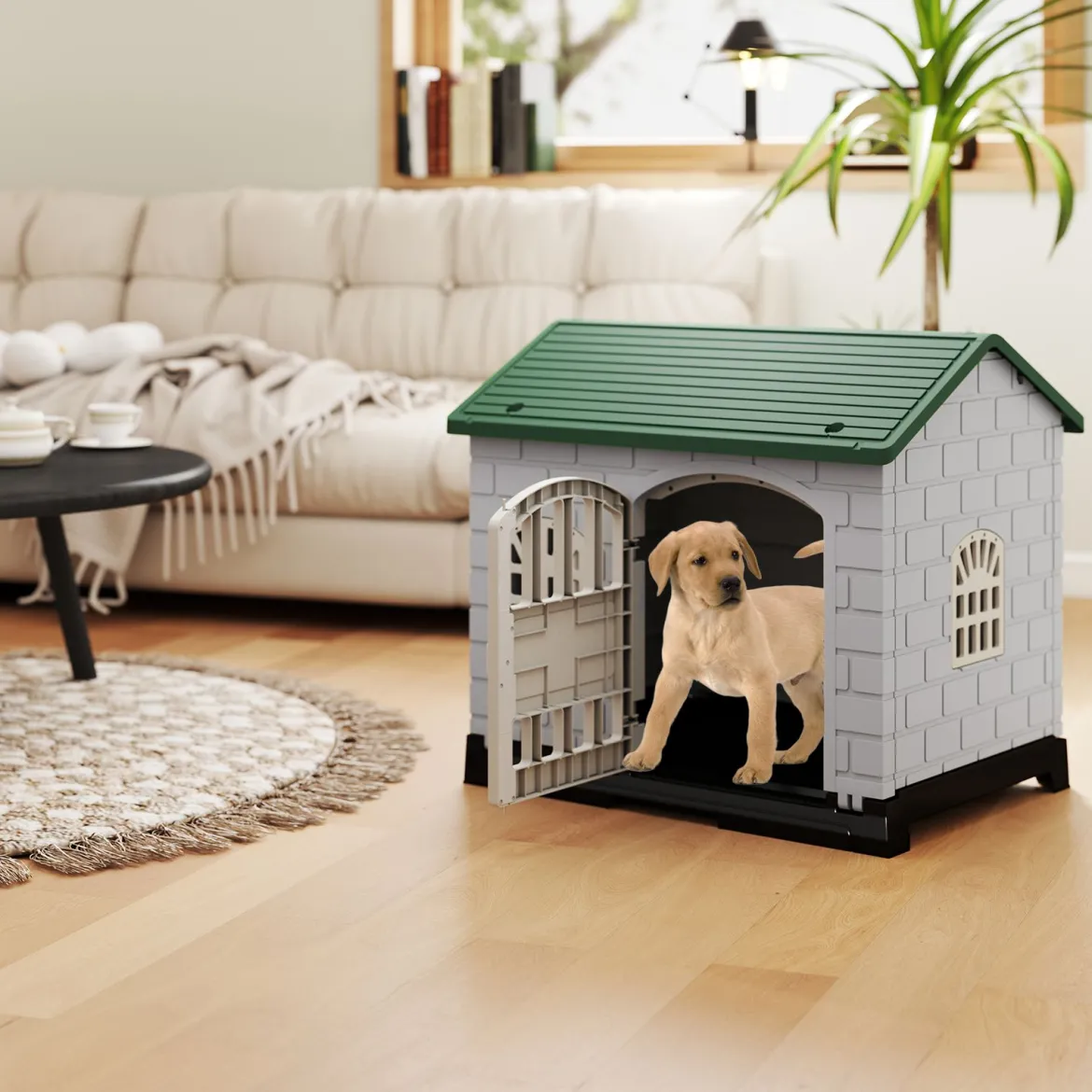 Outdoor Hundehütte mit Tür & 3 Fenstern & Ausnehmbarem Boden & Hundehaus Hundekäfig Grün