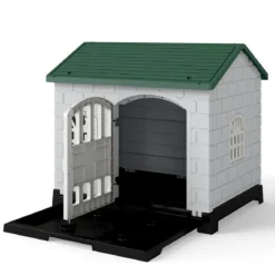 Outdoor Hundehütte mit Tür & 3 Fenstern & Ausnehmbarem Boden & Hundehaus Hundekäfig Grün