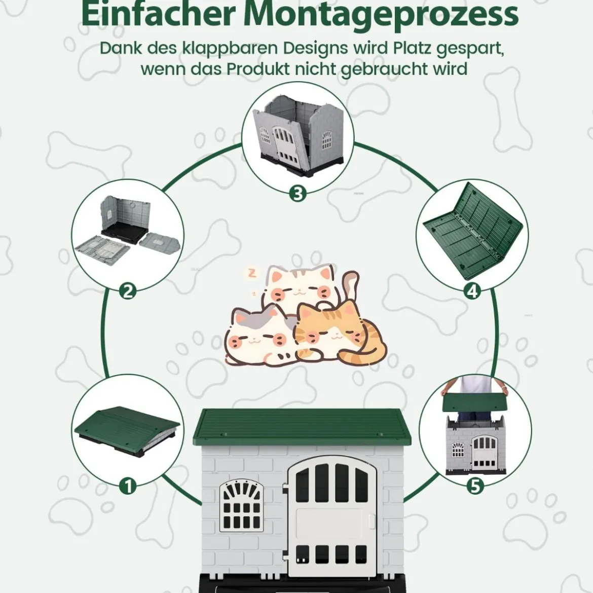 Outdoor Hundehütte mit Tür & 3 Fenstern & Ausnehmbarem Boden & Hundehaus Hundekäfig Grün