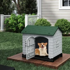Outdoor Hundehütte mit Tür & 3 Fenstern & Ausnehmbarem Boden & Hundehaus Hundekäfig Grün
