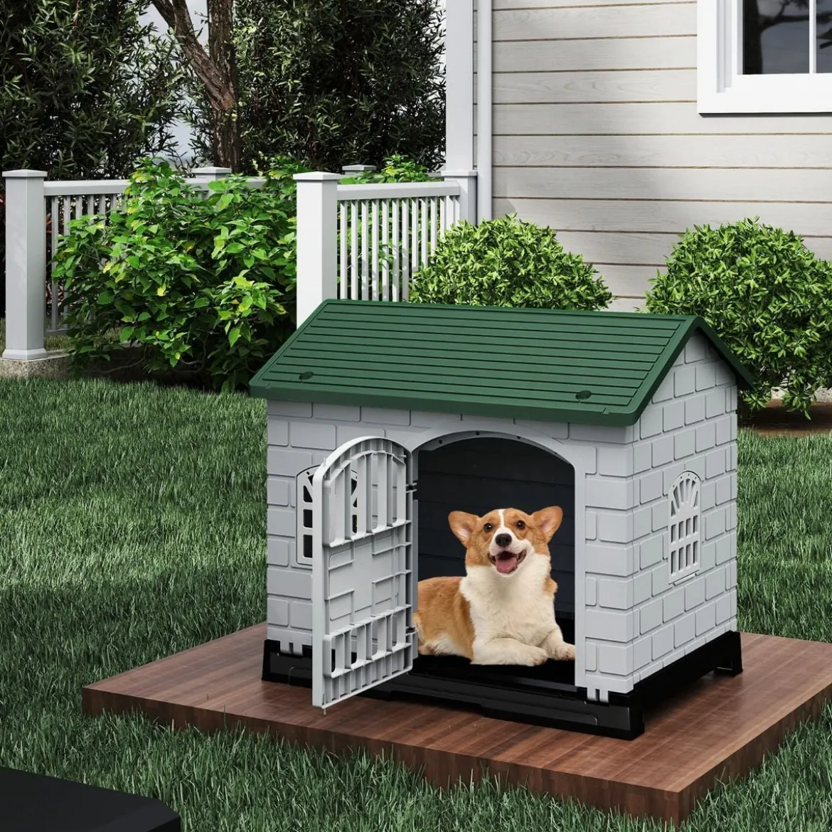 Outdoor Hundehütte mit Tür & 3 Fenstern & Ausnehmbarem Boden & Hundehaus Hundekäfig Grün