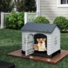 Outdoor Hundehütte mit Tür & 3 Fenstern & Ausnehmbarem Boden & Hundehaus Hundekäfig Grau
