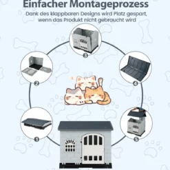 Outdoor Hundehütte mit Tür & 3 Fenstern & Ausnehmbarem Boden & Hundehaus Hundekäfig Grau