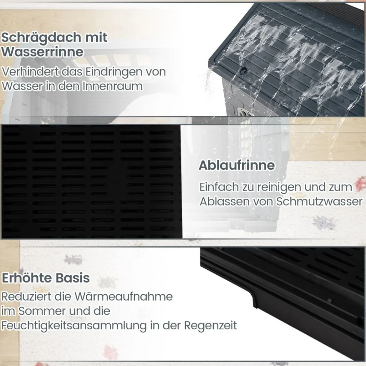 Outdoor Hundehütte mit Tür & 3 Fenstern & Ausnehmbarem Boden & Hundehaus Hundekäfig Grau