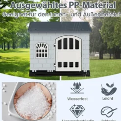 Outdoor Hundehütte mit Tür & 3 Fenstern & Ausnehmbarem Boden & Hundehaus Hundekäfig Grau