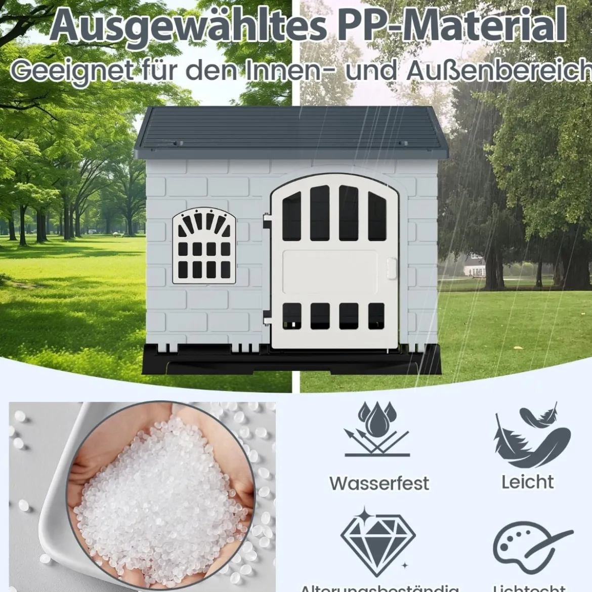 Outdoor Hundehütte mit Tür & 3 Fenstern & Ausnehmbarem Boden & Hundehaus Hundekäfig Grau