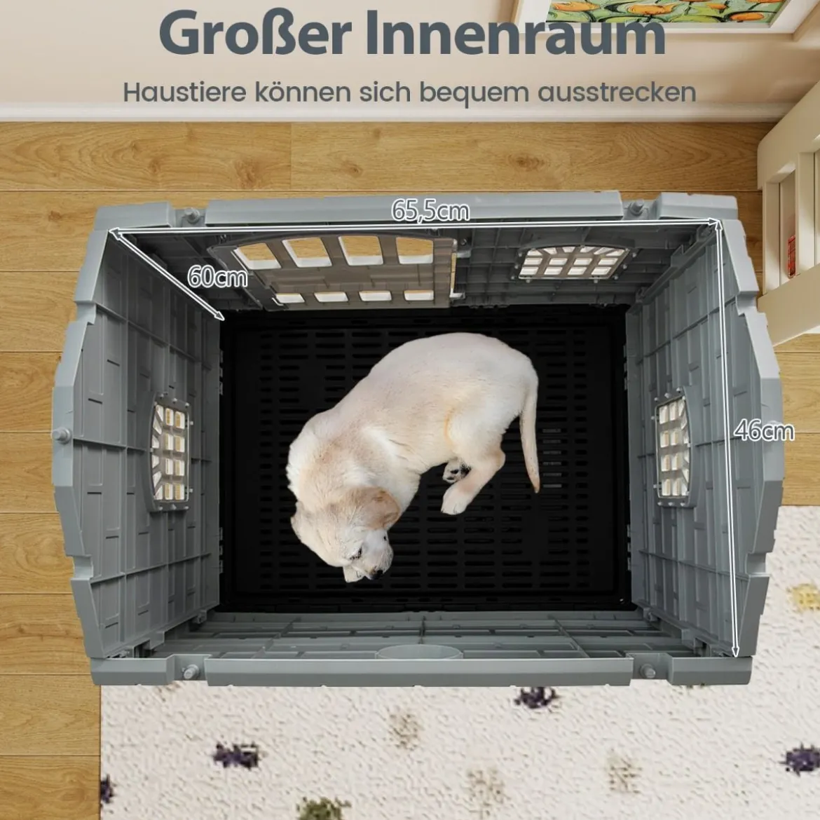 Outdoor Hundehütte mit Tür & 3 Fenstern & Ausnehmbarem Boden & Hundehaus Hundekäfig Grau