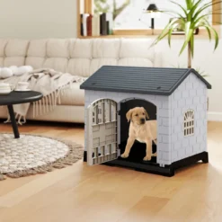 Outdoor Hundehütte mit Tür & 3 Fenstern & Ausnehmbarem Boden & Hundehaus Hundekäfig Grau