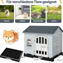 Outdoor Hundehütte mit Tür & 3 Fenstern & Ausnehmbarem Boden & Hundehaus Hundekäfig Grau