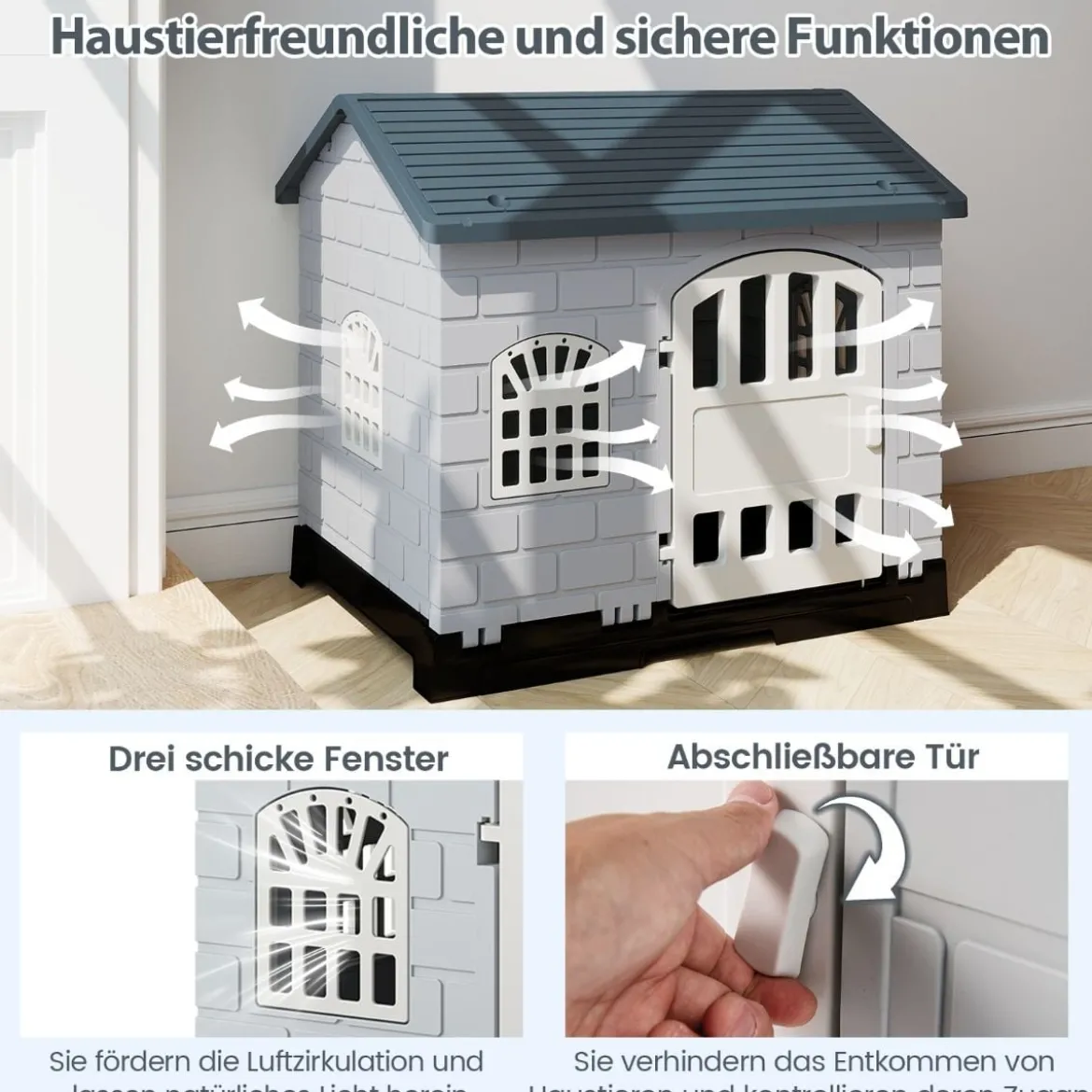 Outdoor Hundehütte mit Tür & 3 Fenstern & Ausnehmbarem Boden & Hundehaus Hundekäfig Grau