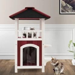 Outdoor Katzenhaus mit 2 Etagen & Terrasse & Asphaltdach & Vorhang Katzenhütte Rot