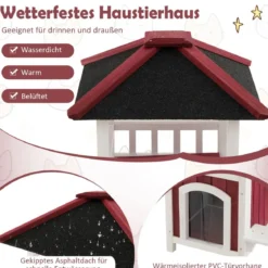 Outdoor Katzenhaus mit 2 Etagen & Terrasse & Asphaltdach & Vorhang Katzenhütte Rot