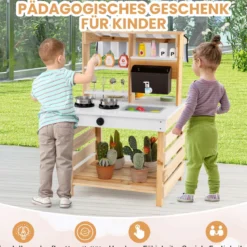 Outdoor Kinder Matschküche mit Wasserfunktion Kinderküche Doppelseitige Spielküche Natur
