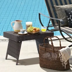 Outdoor Klappbarer Beistelltisch Polyrattan Gartentisch Wetterfester Balkontisch Kaffeetisch Braun