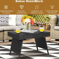 Outdoor Klappbarer Beistelltisch Polyrattan Gartentisch Wetterfester Balkontisch Kaffeetisch Schwarz