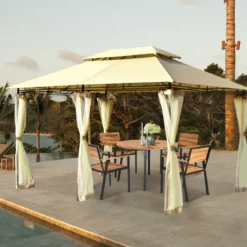 Outdoor-Pavillon mit abnehmbarer Netz-Seitenwand & Dächern 3,9 x 2,9 x 2,7 m Beige