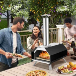 Outdoor Pizzaofen mit Pizzastein & Pizzaschaufel & Thermometer & Klappbaren Beinen