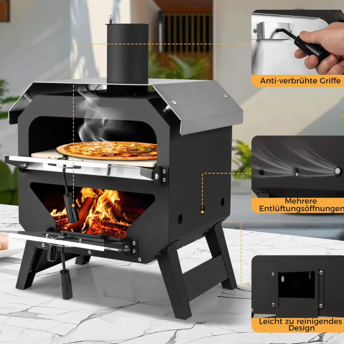12" Outdoor-Pizzaofen tragbarer Holzofen mit Pizzastein Pizzaschieber & Oxford-Stoffabdeckung Schwarz