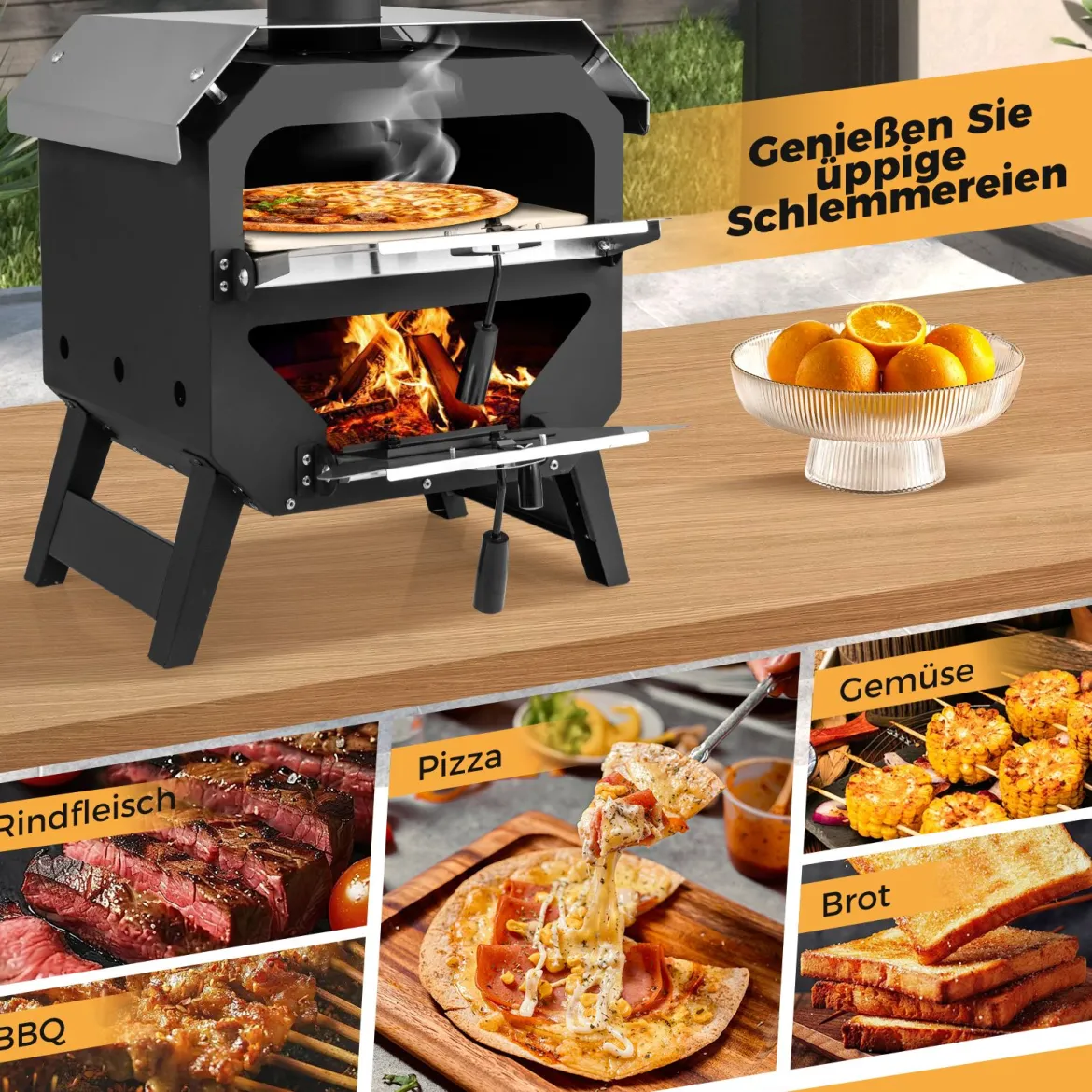 12" Outdoor-Pizzaofen tragbarer Holzofen mit Pizzastein Pizzaschieber & Oxford-Stoffabdeckung Schwarz