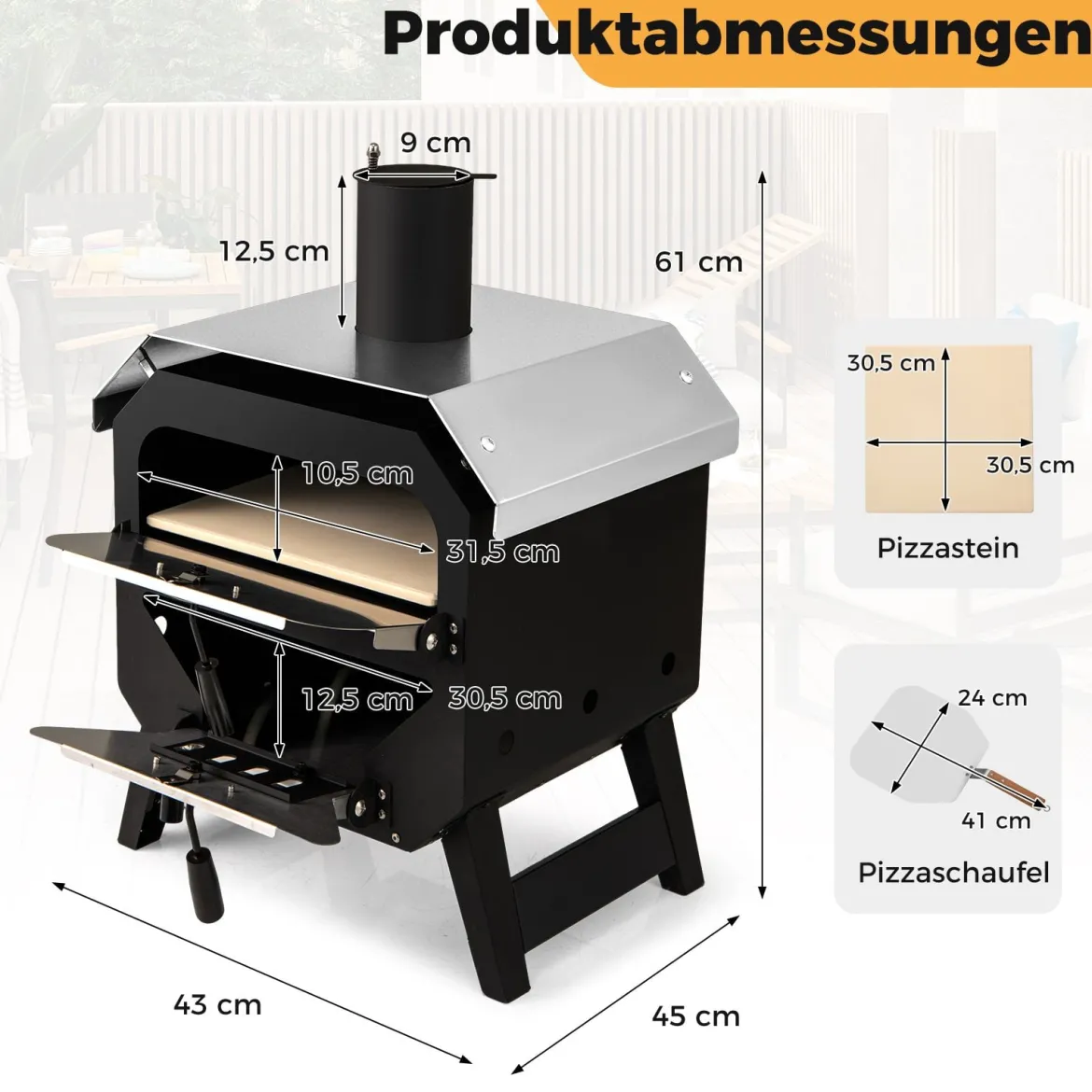 12" Outdoor-Pizzaofen tragbarer Holzofen mit Pizzastein Pizzaschieber & Oxford-Stoffabdeckung Schwarz