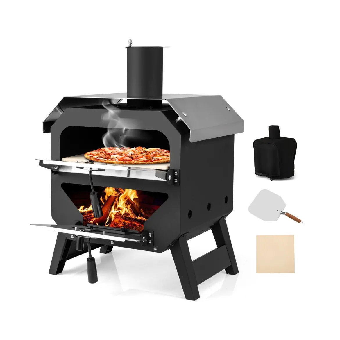 12" Outdoor-Pizzaofen tragbarer Holzofen mit Pizzastein Pizzaschieber & Oxford-Stoffabdeckung Schwarz