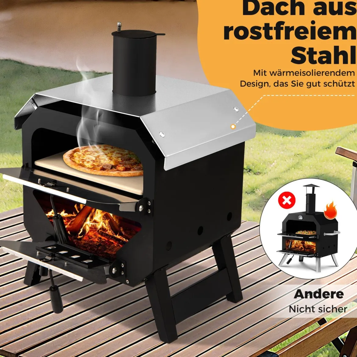 12" Outdoor-Pizzaofen tragbarer Holzofen mit Pizzastein Pizzaschieber & Oxford-Stoffabdeckung Schwarz