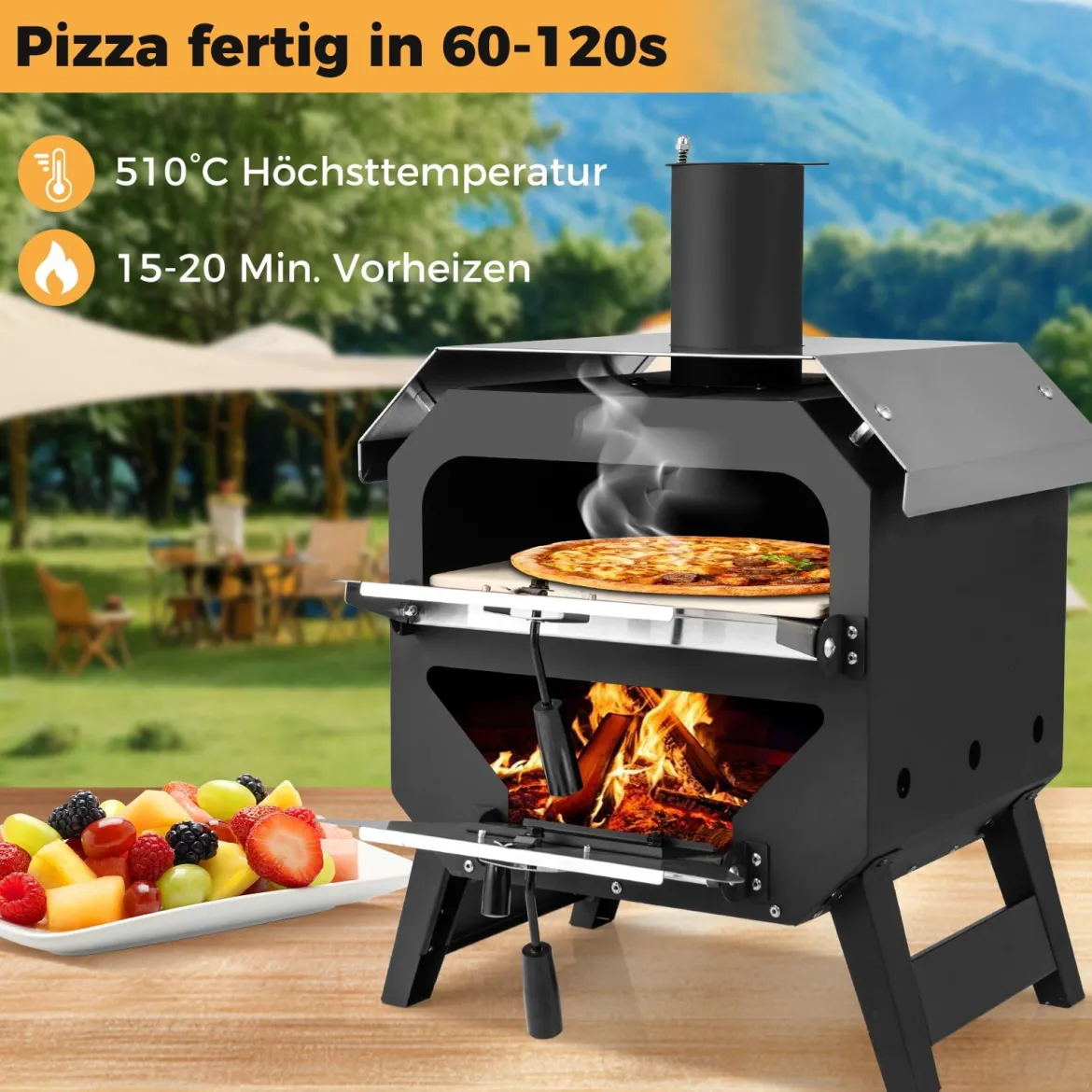 12" Outdoor-Pizzaofen tragbarer Holzofen mit Pizzastein Pizzaschieber & Oxford-Stoffabdeckung Schwarz