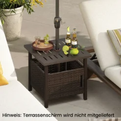 Outdoor Rattan Beistelltisch Wetterfester Gartentisch mit Schirmloch kleiner Balkontisch