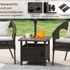 Outdoor Rattan Beistelltisch Wetterfester Gartentisch mit Schirmloch kleiner Balkontisch