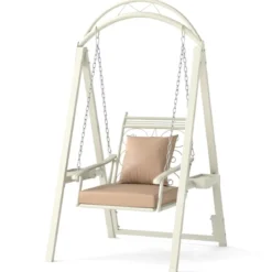 Outdoor-Schaukel mit Gestell Terrassenschaukel mit Kissen & Seitentischen für Garten Weiß